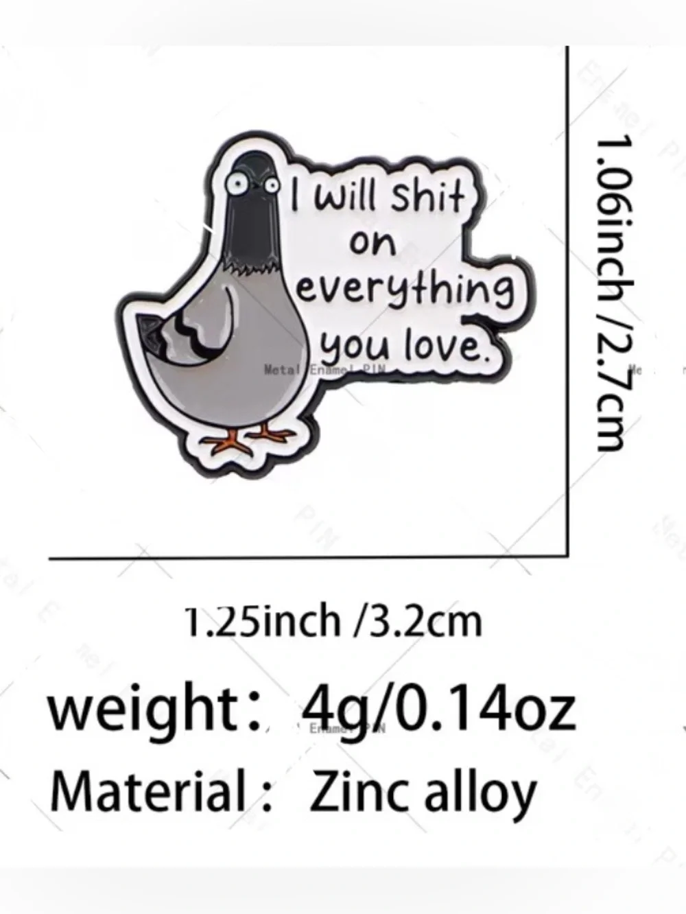 Novelty Pigeon Enamel Pin - Gray - NEW